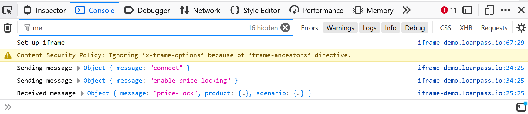 Web Inspector showing the console output from the demo app