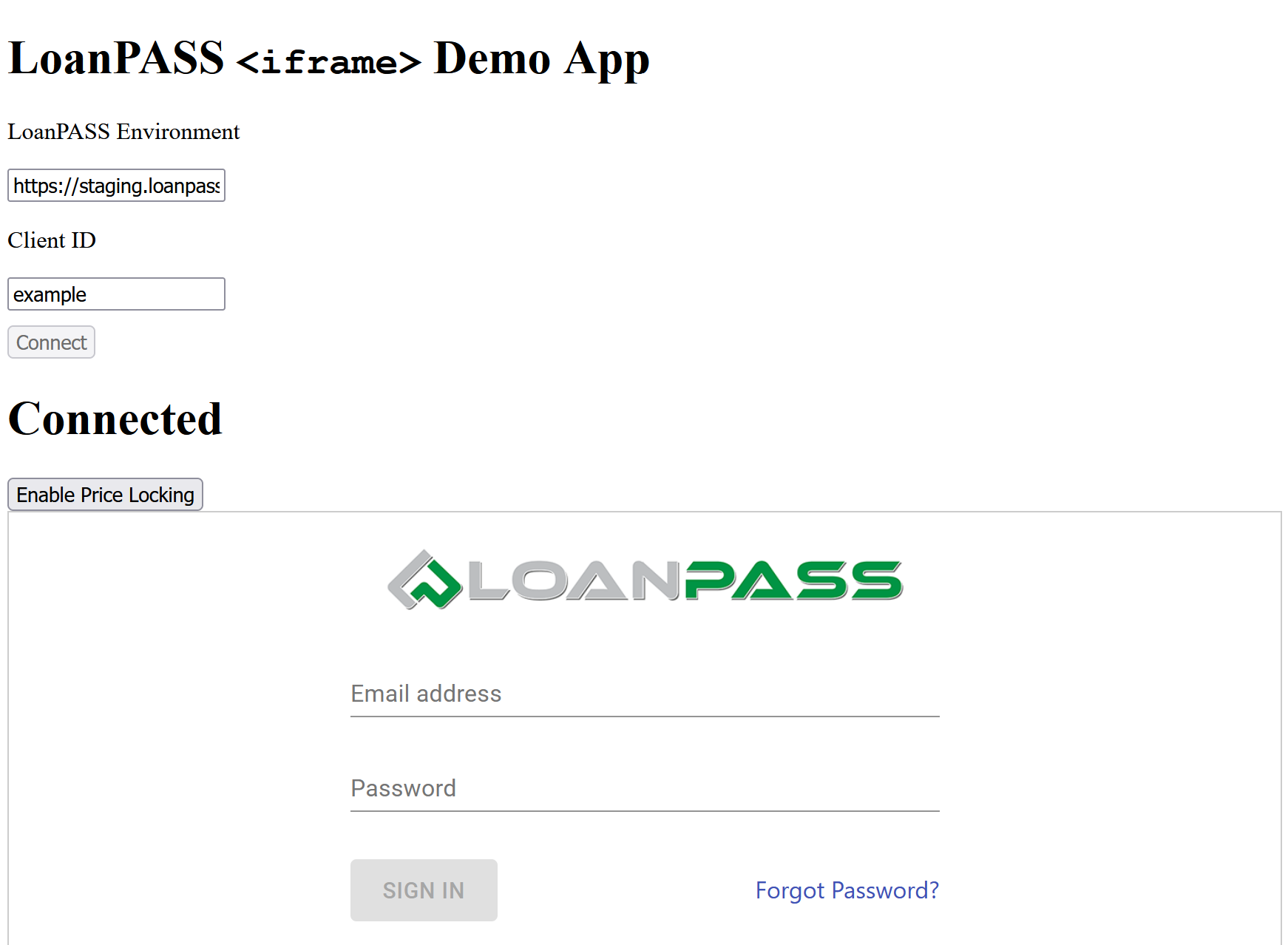 "LoanPASS <iframe> Demo App"
