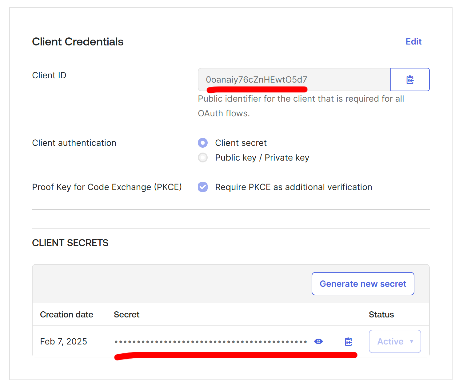 Okta "Client Credentials" section, with the client ID and client secret values highlighted