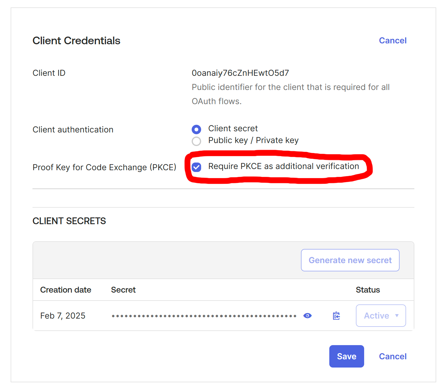 Okta "Client Credentials" section in edit mode, with "Require PKCE as additional verification" checked and circled