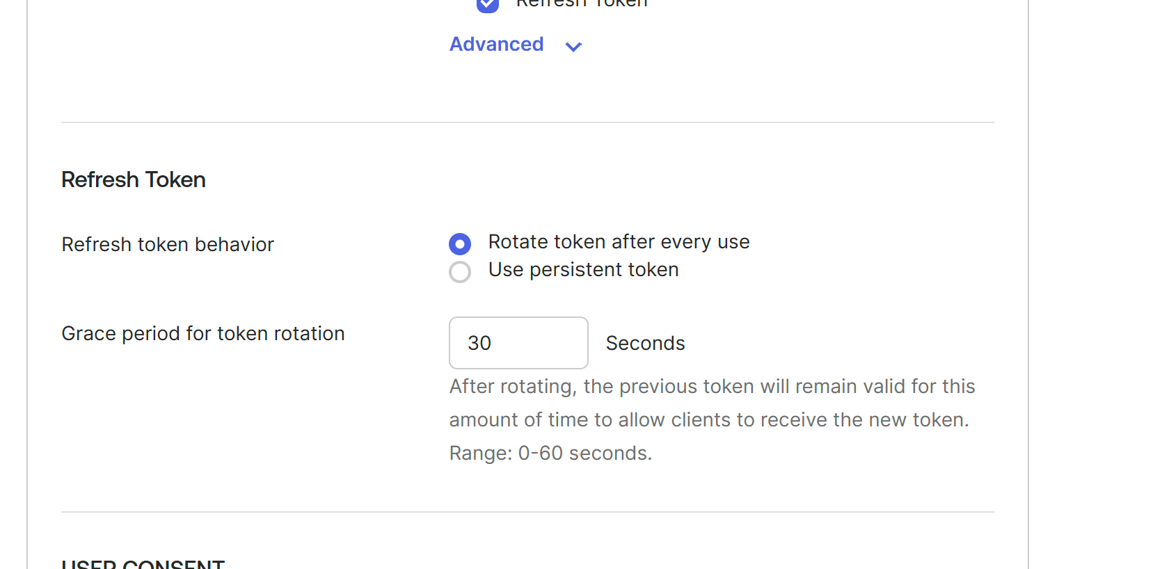 Okta "Refresh Token" section in edit mode, with "Rotate token after every use" chosen and with the grace period for token rotation set to 30 seconds