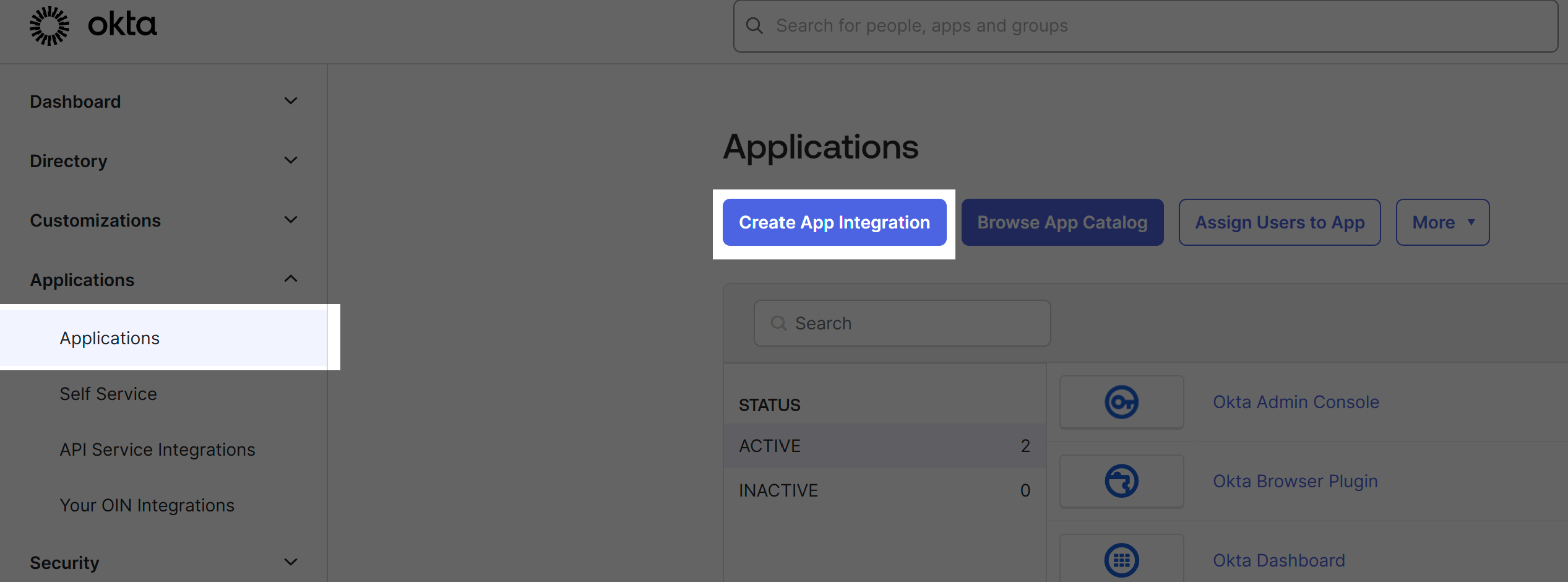 Okta's "Applications" admin page with the "Create App Integration" button