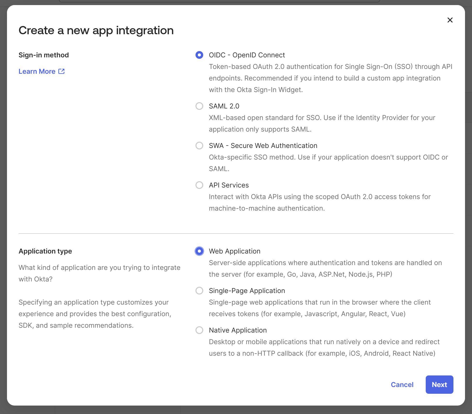 Okta's "Create a new app integration" form