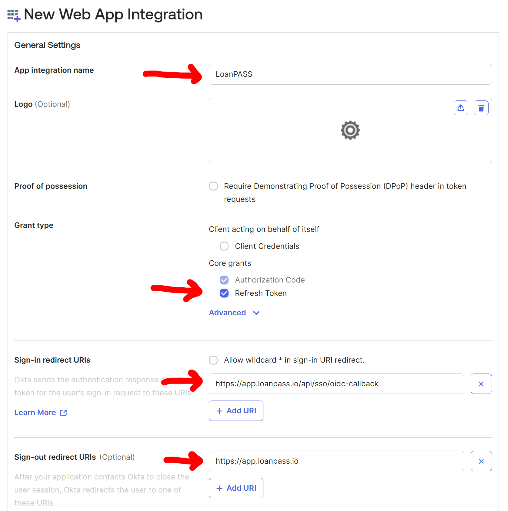 Okta's "New Web App Integration" form, with the integration name, refresh token, sign-in redirect URI, and sign-out redirect URI fields highlighted